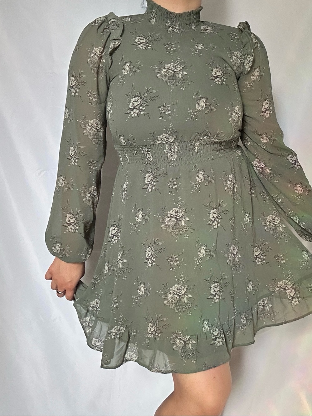 Forever 21 Olive Green Floral Long Sleeve Mini Dress